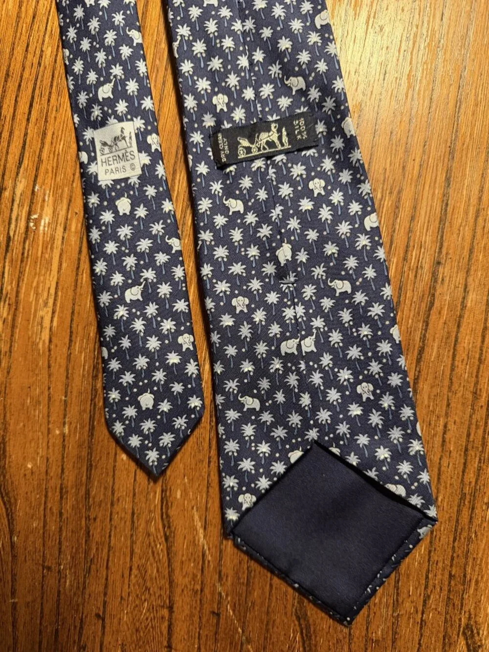 Hermes Paris Navy White Elephant and Palm Print Silk Tie